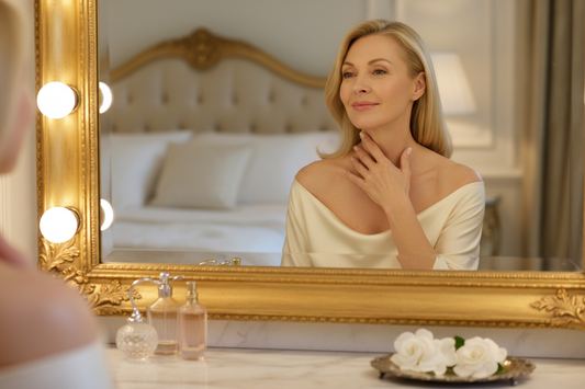 Elegant woman in her 50s touching her firm luminous décolletage with quiet amazement at a luxurious home vanity, experiencing the remarkable skin tightening edge of a doctor-supervised homeopathic weight loss program done entirely from home