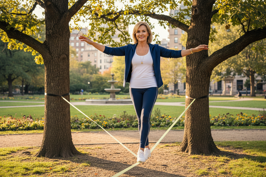 Elegant woman balancing on a slackline between two trees in a beautiful park supporting her weight loss journey with Dr. Donna Restivo