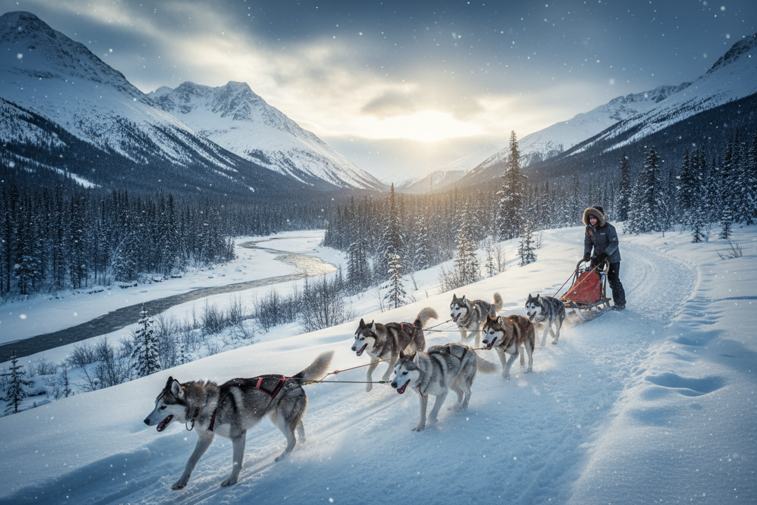"Woman musher racing a sled dog team through a stunning snowy wilderness, embracing adventure and active living as part of a healthy weight loss lifestyle"