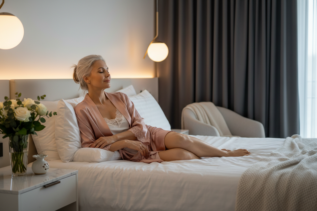 Elegant midlife woman enjoying deep restorative sleep in her luxurious bedroom as late summer weather shifts during her doctor-supervised weight loss program