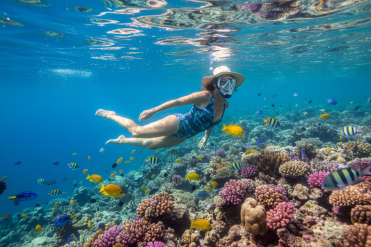 Elegant woman snorkeling in crystal clear turquoise water surrounded by colorful tropical fish and coral reef