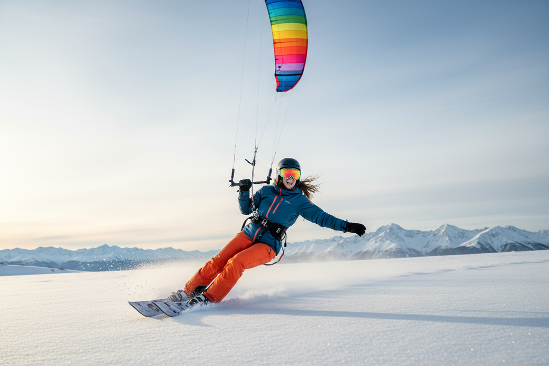  "Woman snowkiting across a vast snowy landscape pulled by a colorful kite, showcasing exhilaration and athletic freedom as part of a healthy weight loss lifestyle"