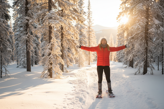 "Woman snowshoeing through a beautiful snowy winter forest, embracing nature and active living as part of a healthy weight loss lifestyle"