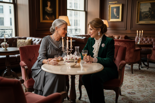 Two elegantly dressed women in their 50s sharing an intimate conversation at a luxurious five-star hotel lounge with marble tables, crystal glassware, fresh orchids, and rich upholstered seating
