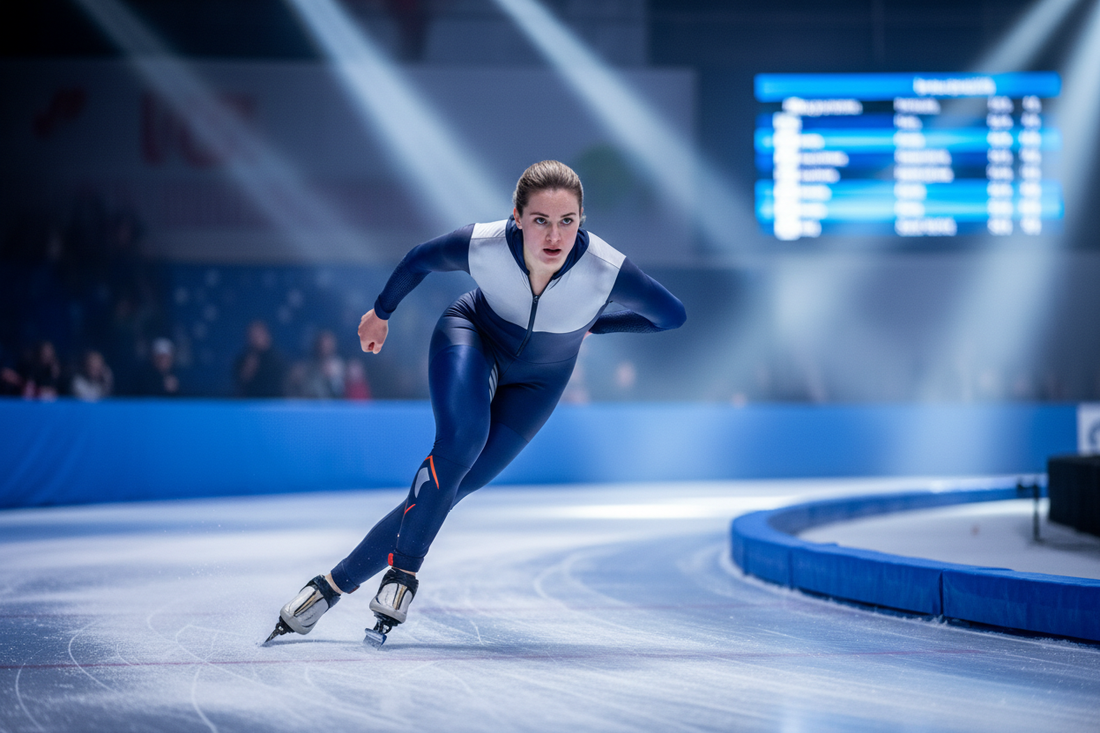 "Woman speed skating powerfully on an indoor oval track, showcasing strength and athleticism as part of a healthy weight loss lifestyle"
