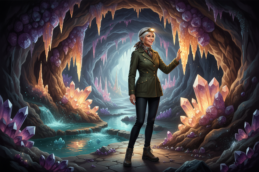 Elegant woman exploring a breathtaking crystal cave with glowing stalactites, radiant and confident in stylish adventure gear