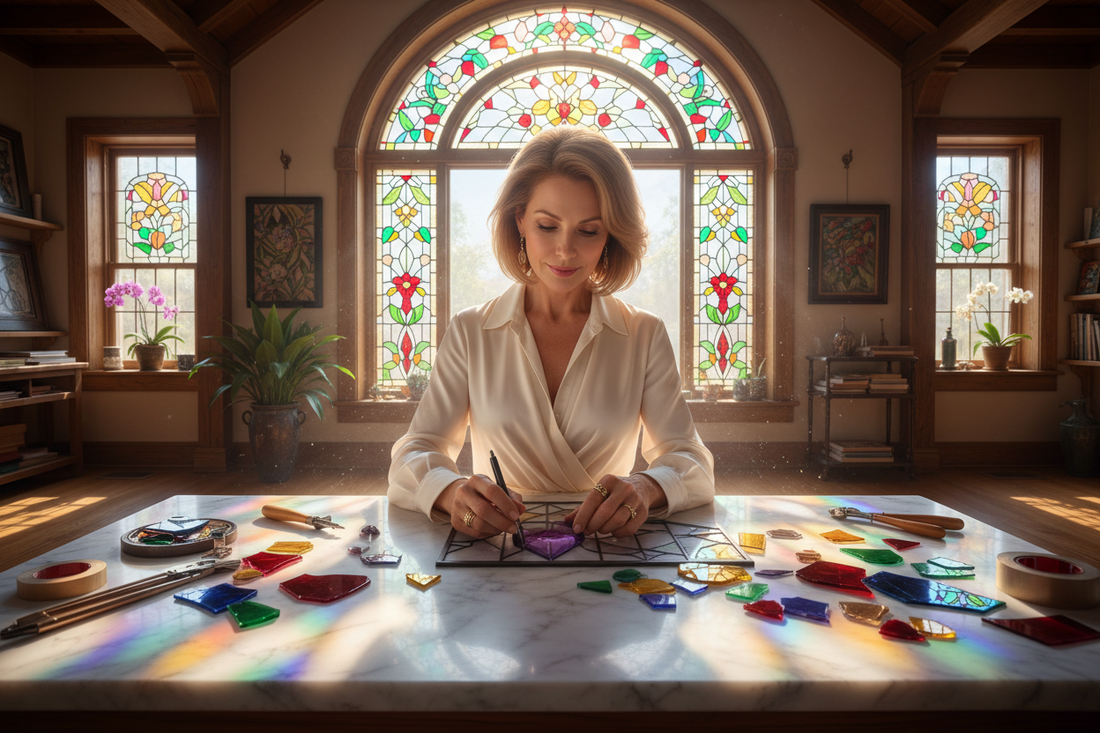 Elegant woman crafting a beautiful stained glass panel with jewel-toned glass in a stunning sunlit studio, radiant and creatively fulfilled