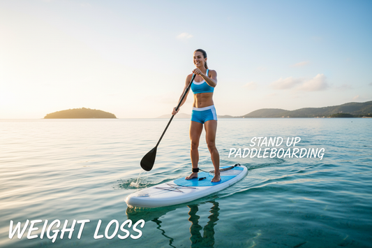 Happy fit woman stand up paddleboarding on calm blue water, smiling and feeling energetic and healthy, stand up paddleboarding and weight loss