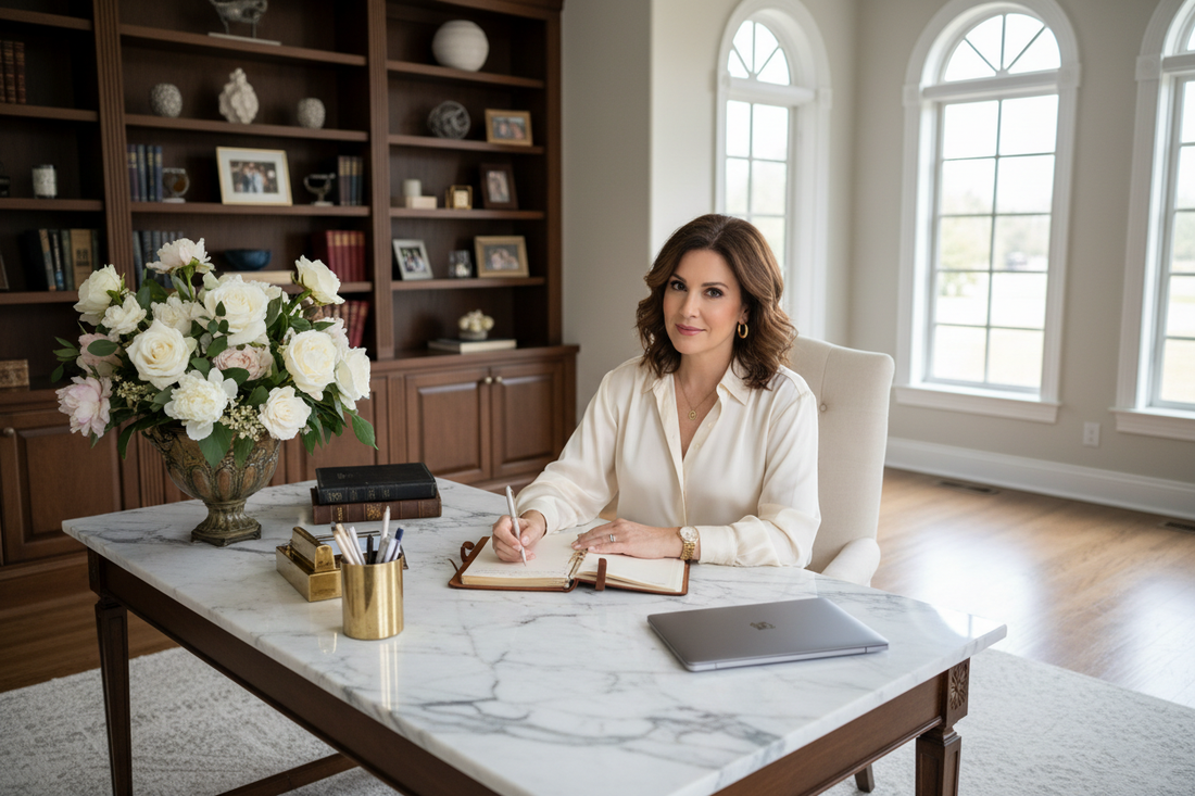 Attractive woman in her early 50s with warm brunette hair sitting at a beautiful marble desk in a luxurious home office, writing in a planner, fresh flowers, soft natural light, silk blouse, gold jewelry, organized and purposeful expression