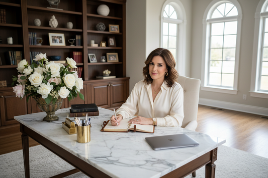 Attractive woman in her early 50s with warm brunette hair sitting at a beautiful marble desk in a luxurious home office, writing in a planner, fresh flowers, soft natural light, silk blouse, gold jewelry, organized and purposeful expression