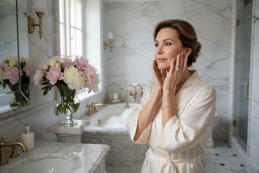 Elegant woman in her early 50s in a luxurious spa bathroom, touching her radiant glowing skin, silk robe, soft natural light, reflecting skin resilience and vitality through doctor-supervised weight loss