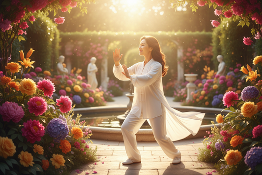 Elegant woman practicing Tai Chi in a bright sunlit luxurious garden supporting her weight loss journey with Dr. Donna Restivo