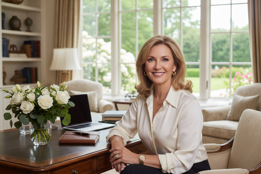 Elegant professional woman sitting at a beautiful desk in a bright upscale home with garden views, looking confident and radiant, reflecting real and lasting weight loss results with a doctor-supervised program