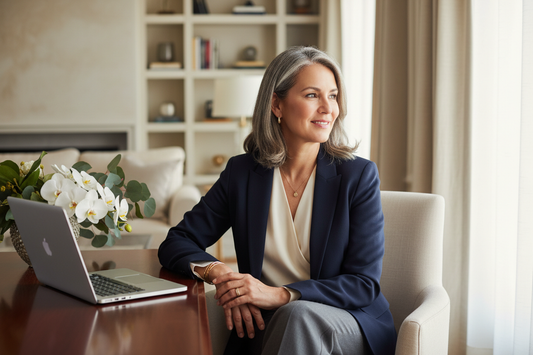 Polished confident professional woman in her 50s in an elegant home office smiling serenely with the satisfaction of a health plan tailored perfectly for her
