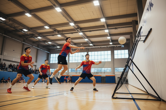 Tchoukball players throwing a ball toward the angled rebound frame in a dynamic indoor court, representing the agility and teamwork that inspires weight loss success with Dr. Restivo's doctor-supervised program