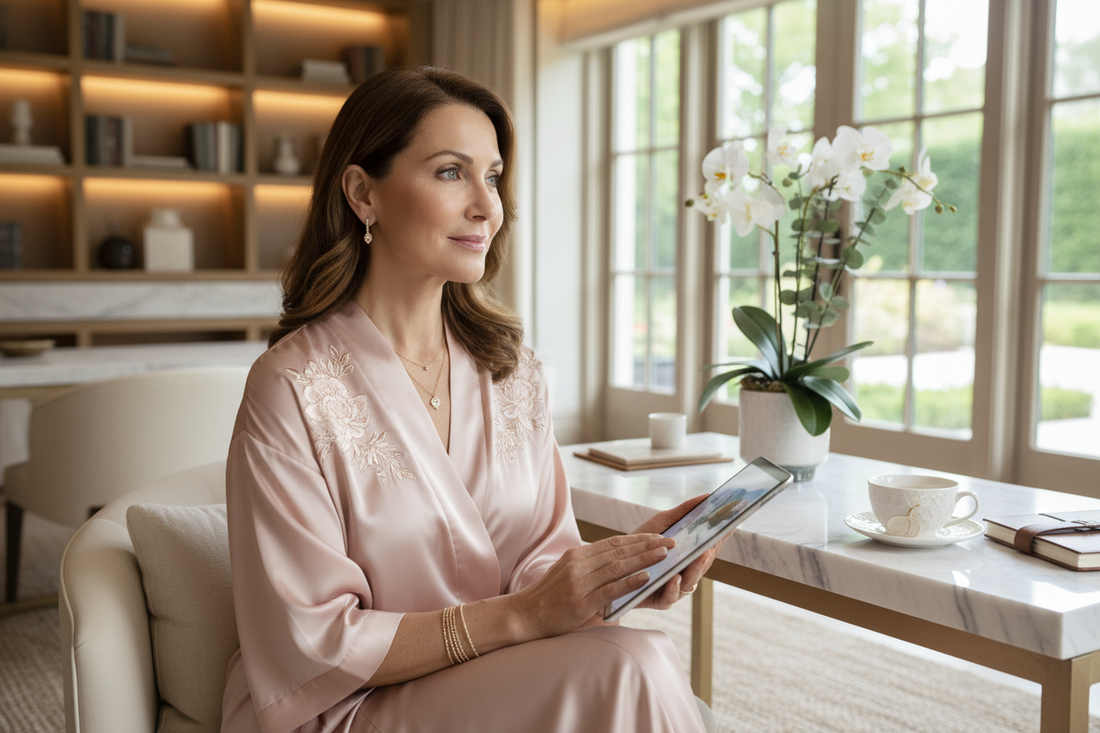 Serene woman in a luxurious home spa setting, calm and radiant, receiving remote wellness guidance