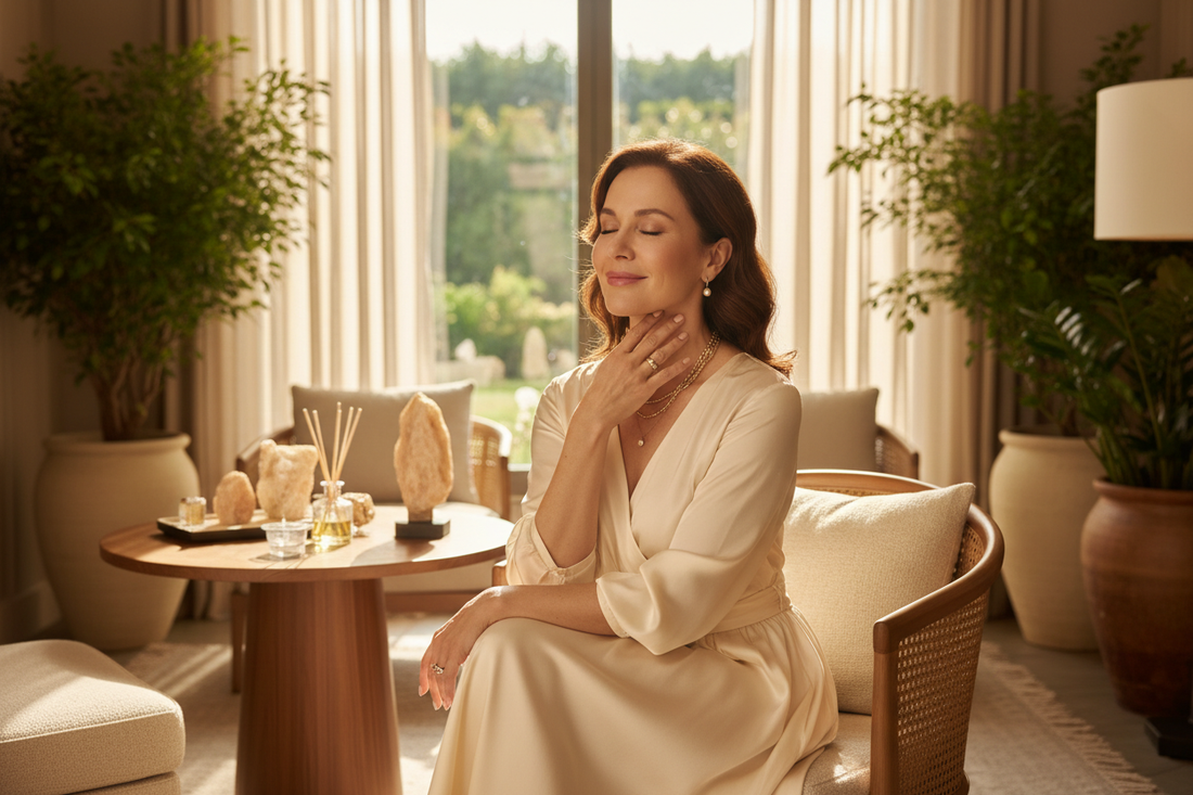 Serene luminous woman in her 50s in a sunlit luxury space hand gently at her throat smiling with quiet peace as thyroid function and metabolic vitality are restored