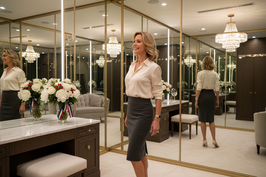 Confident elegant woman in her 50s admiring her tighter, more toned silhouette in a luxurious dressing room mirror, celebrating her body transformation through doctor-supervised remote homeopathic weight loss guidance
