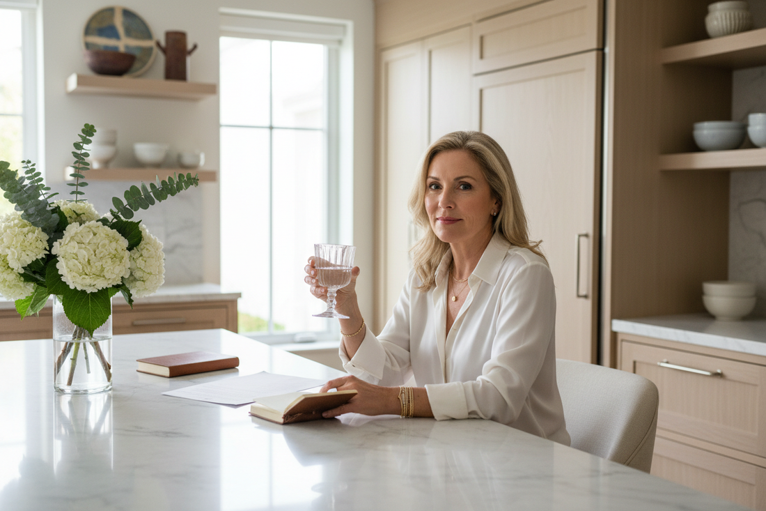 Elegant woman in her 50s sitting peacefully at a luxurious kitchen island with a glass of water and a small notebook, radiant and calm with soft natural light and fresh flowers