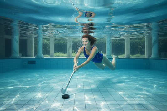 "Elegant woman playing underwater hockey on the pool floor in crystal clear blue water, radiant and confident"