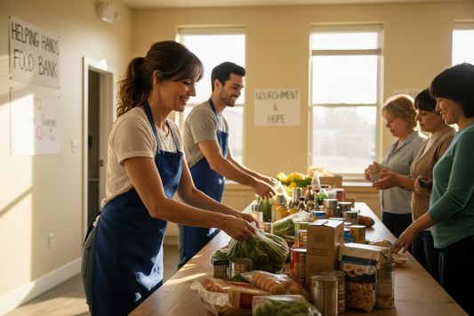 Happy woman volunteering at a community food bank, feeling healthy and purposeful, volunteering and weight loss