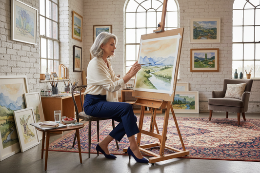 Elegant sophisticated woman sitting at a bright upscale art studio painting a beautiful watercolor landscape, wearing designer clothes, looking slim, healthy and refined, watercolor painting and weight loss