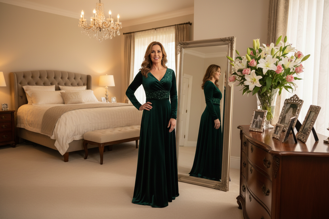  Confident elegant woman in her 40s smiling at her reflection in a mirror in a luxurious bedroom, representing positive self-image and transformation through weight loss