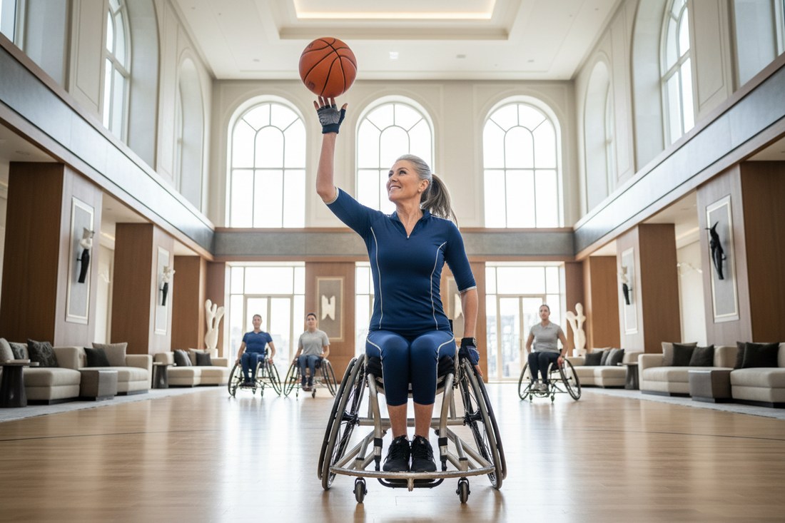 Elegant woman playing wheelchair basketball in a bright luxurious sports facility supporting her weight loss journey with Dr. Donna Restivo