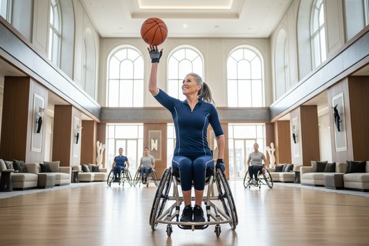 Elegant woman playing wheelchair basketball in a bright luxurious sports facility supporting her weight loss journey with Dr. Donna Restivo