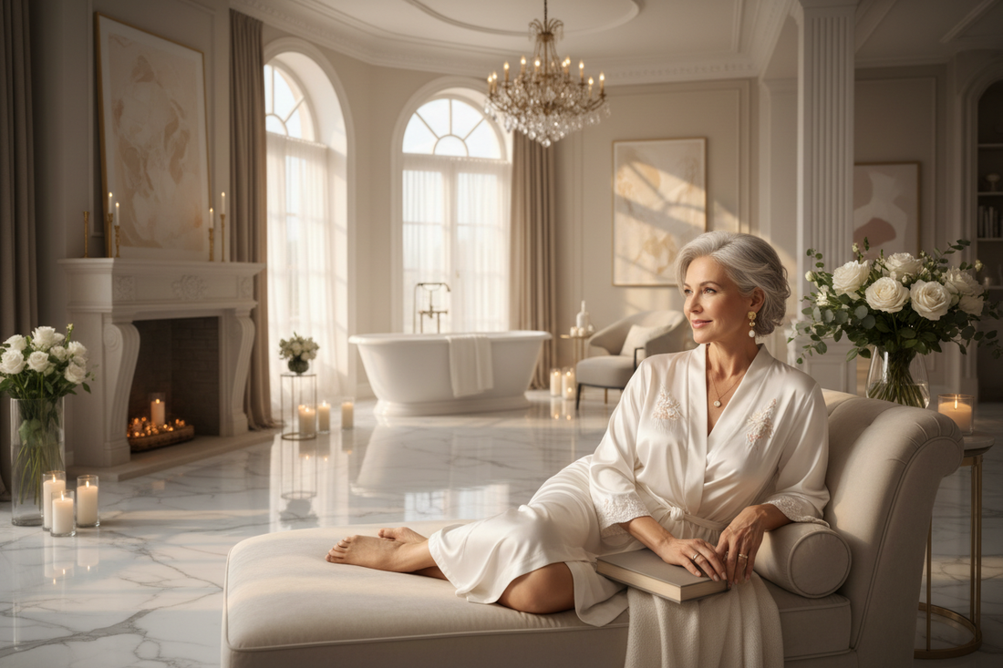 Elegant woman in a luxurious spa-inspired setting enjoying a peaceful moment in a silk robe with fresh flowers and soft natural light