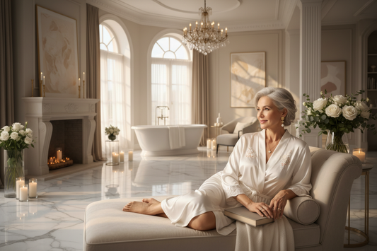 Elegant woman in a luxurious spa-inspired setting enjoying a peaceful moment in a silk robe with fresh flowers and soft natural light