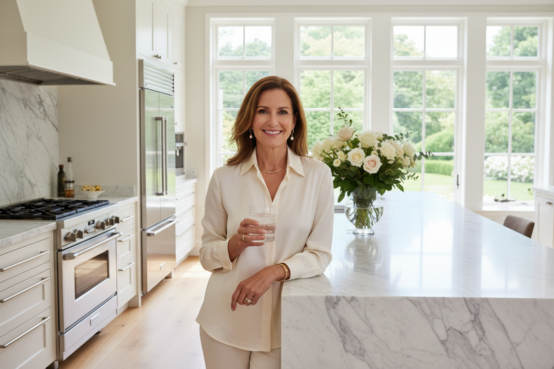 Confident woman in her late 40s standing in a luxurious sunlit kitchen, representing the life-changing results of doctor-guided weight loss after 40 with Dr. Restivo's remote program.