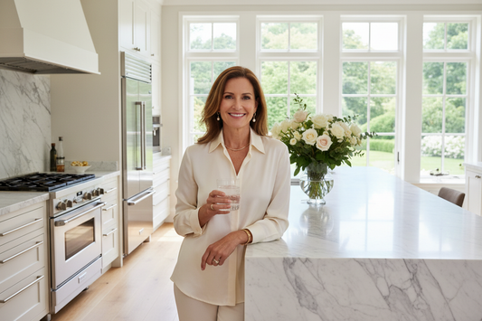Confident woman in her late 40s standing in a luxurious sunlit kitchen, representing the life-changing results of doctor-guided weight loss after 40 with Dr. Restivo's remote program.