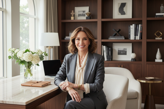 Confident elegant woman in a sophisticated blazer sitting in a luxurious home office with fresh flowers and soft natural light, radiating accomplishment and warmth