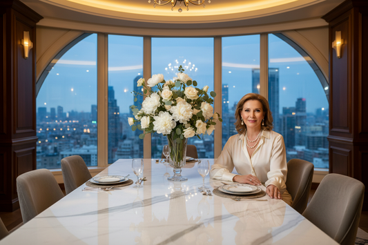 Poised successful woman at a grand marble dining table in a luxurious estate home, radiant and confident