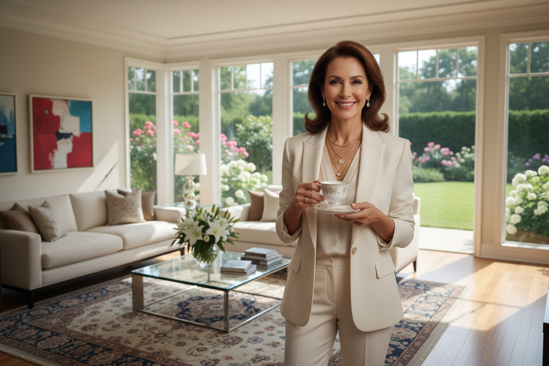  Confident elegant woman in a tailored blazer standing in a bright upscale home, looking radiant and slim, reflecting the faster visible weight loss results achieved through a doctor-supervised program designed for high achievers