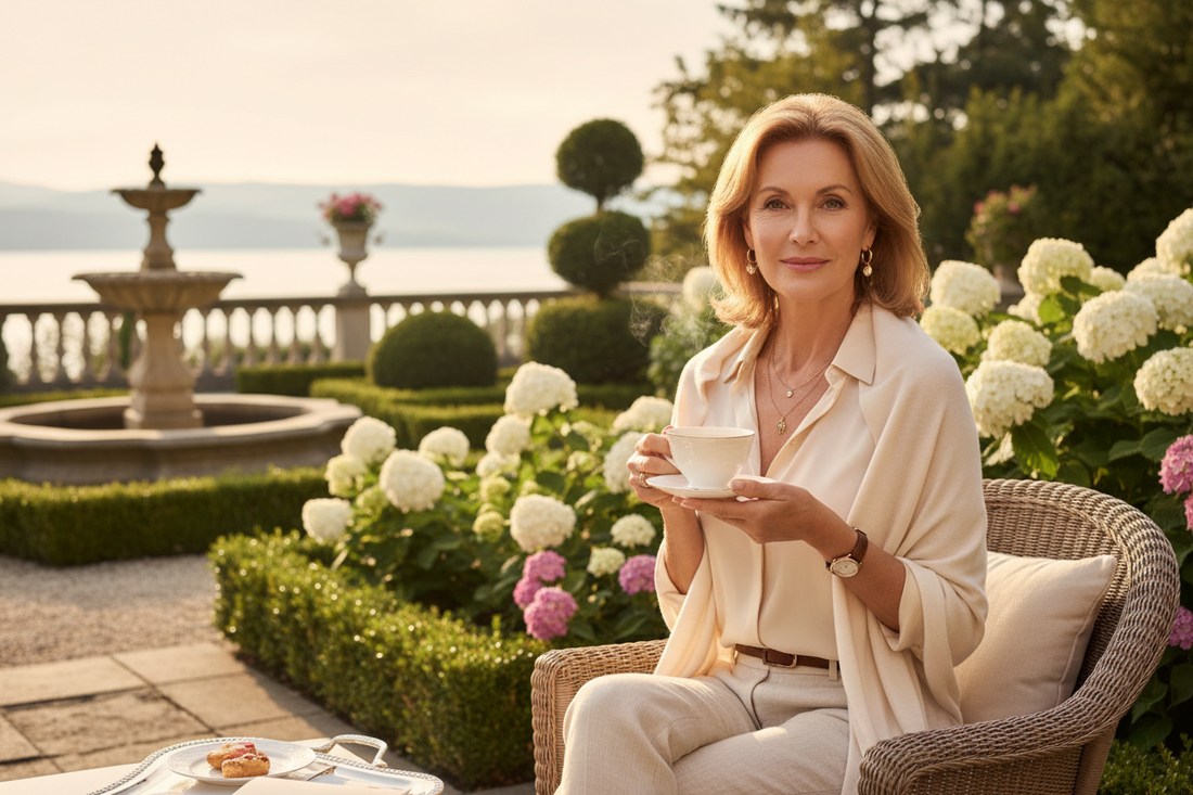 Elegant woman enjoying peaceful morning sunlight on a luxurious garden terrace with a cup of tea, surrounded by lush greenery
