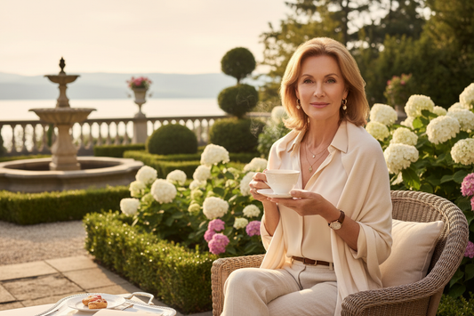 Elegant woman enjoying peaceful morning sunlight on a luxurious garden terrace with a cup of tea, surrounded by lush greenery