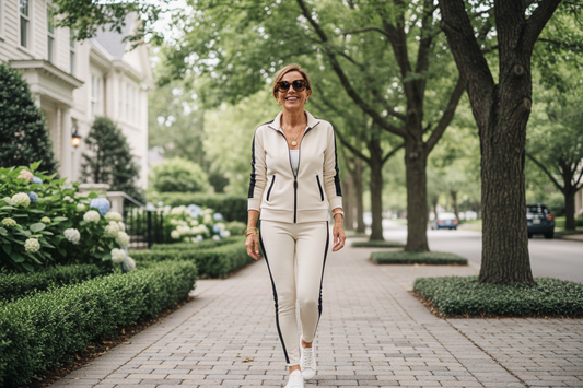 Elegant woman walking gracefully along a sunlit tree-lined path in stylish athleisure, radiating confidence and joyful steady progress