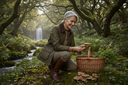 "Elegant woman foraging for wild edible plants in a lush beautiful forest, radiant and confident"