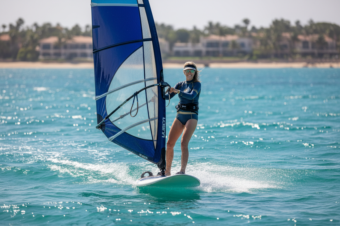 Elegant woman windsurfing on sparkling blue ocean water supporting her weight loss journey with Dr. Donna Restivo