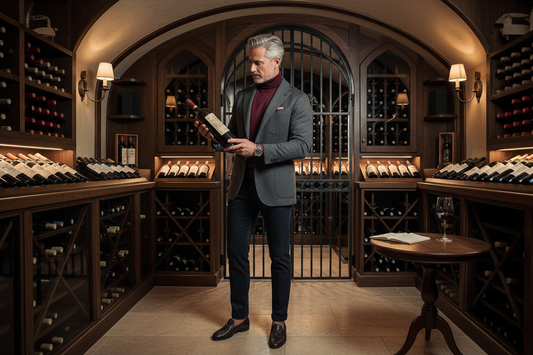 Elegant sophisticated man in a beautiful upscale wine cellar carefully examining a bottle of fine wine, wearing designer clothes, looking slim, healthy and refined, wine collecting and weight loss
