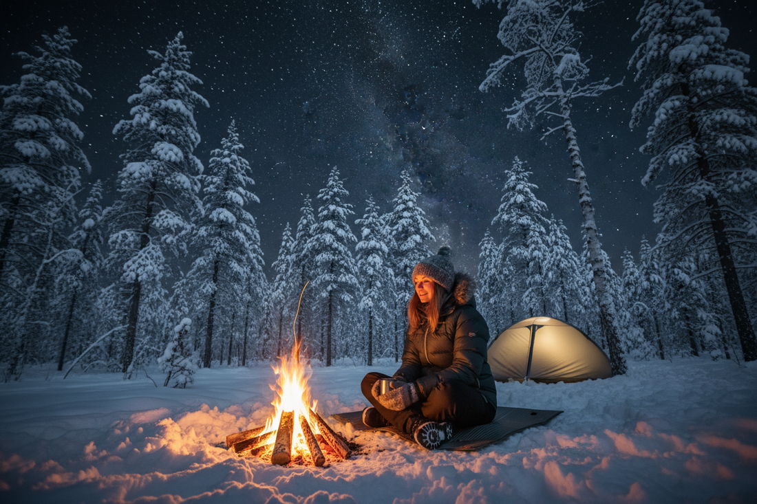 Elegant, confident woman in a luxurious wool coat standing in a snow-covered forest with warm golden light, embodying health, resilience, and the beauty of winter adventure"