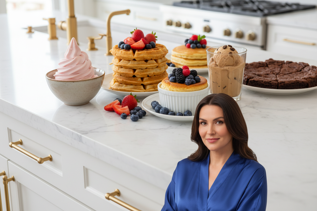 WLP Fluffy Protein Shake recipes — protein waffles, soft serve ice cream, coffee ice cream, soufflé with berries, pancakes and brownies in a luxurious kitchen