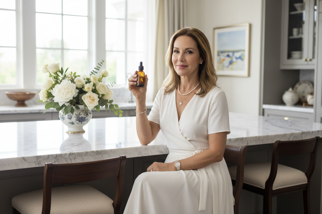 Elegant woman in a luxurious kitchen holding a homeopathic dropper bottle, looking radiant and healthy, representing deep metabolic rebalancing through the WLP40 drops in a doctor-supervised weight loss program