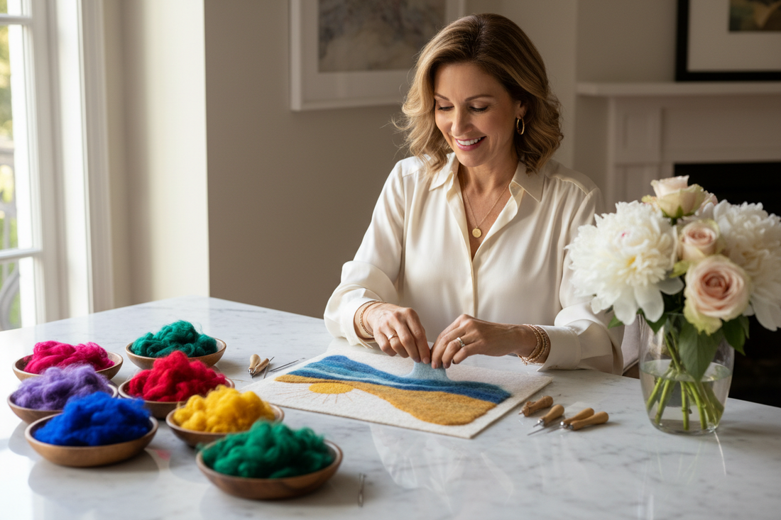 "Elegant woman crafting beautiful wool felt art at a luxurious marble table with colorful wool fibers, radiant and confident"