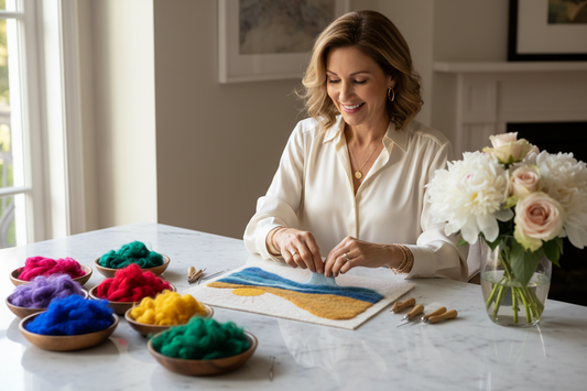 "Elegant woman crafting beautiful wool felt art at a luxurious marble table with colorful wool fibers, radiant and confident"