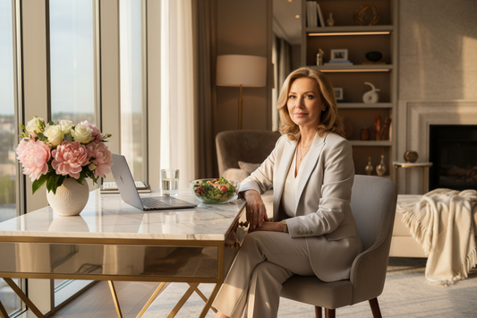 Elegant professional woman working calmly at a luxurious home office desk while maintaining her doctor-supervised weight loss program