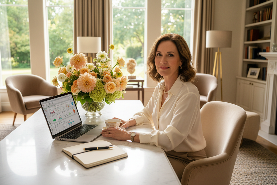  Elegant woman in her 50s working calmly and confidently at a luxurious marble desk in a beautiful sunlit home office, fresh flowers and high-end decor