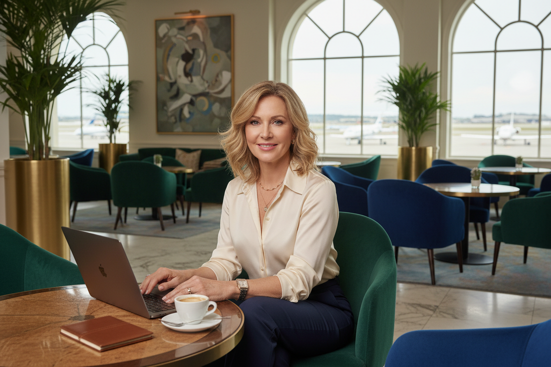 Elegant professional woman in her 50s in a luxurious hotel lobby, radiant and composed, silk blouse, tasteful jewelry, soft natural light, and high-end surroundings